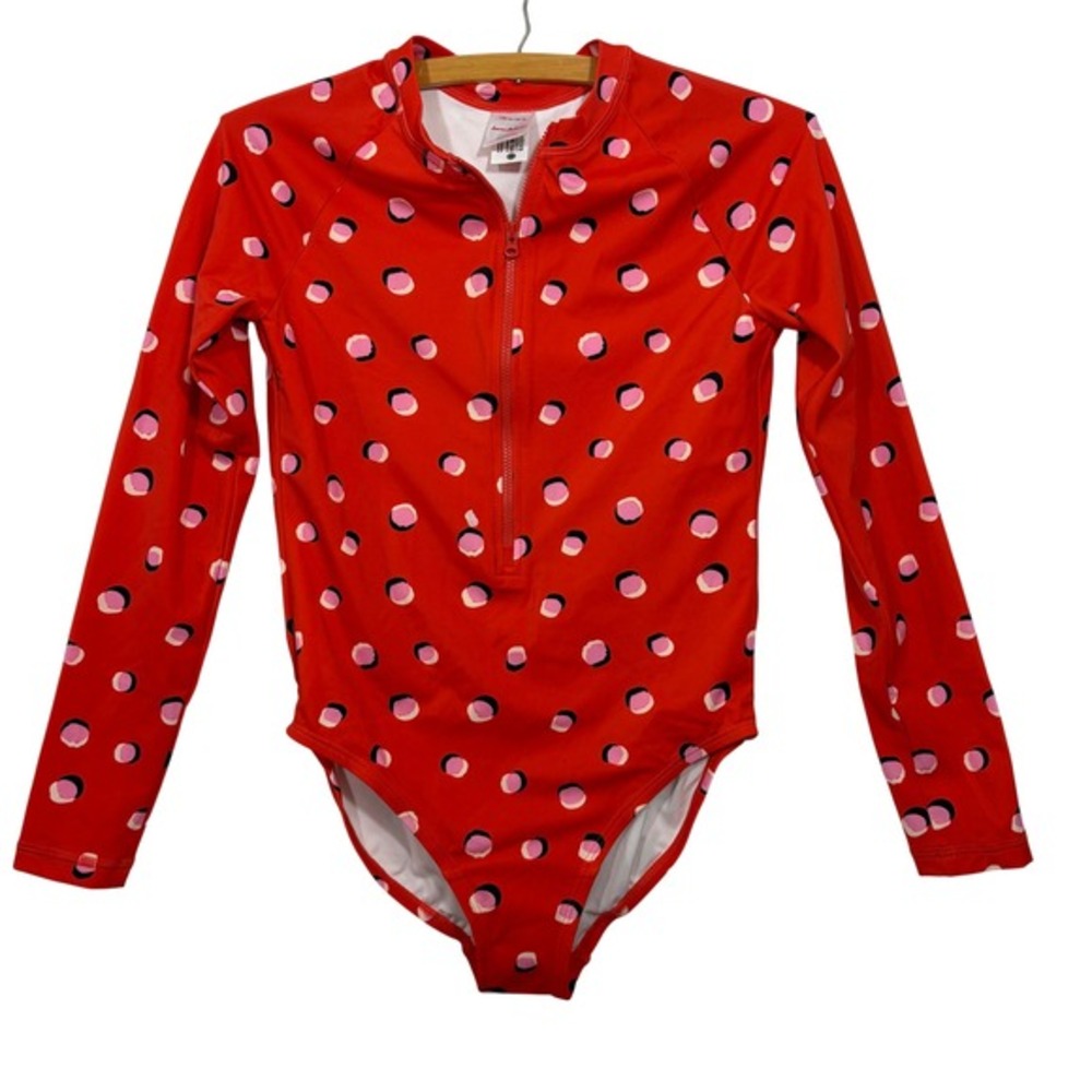 Hanna Andersson Girls Red Polka Dot Long Sleeve Rash Guard One Piece Swimsuit 12 - Picture 3 of 5